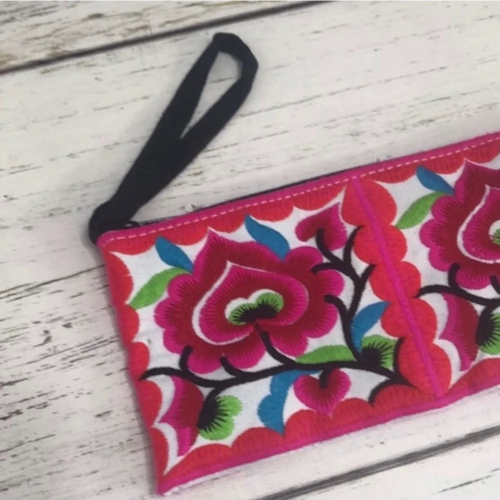 Floral Embroidered Clutch with Wrist Strap Vibrant colors